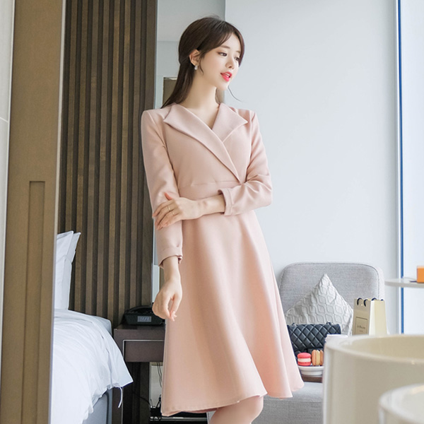 op8553 깔끔한 무드의 카라 플레어 롱 원피스 dress