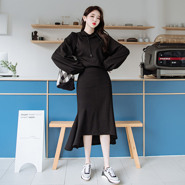 op8573 루즈한 후드티와 언발 A라인 롱 스커트 구성의 데일리 캐쥬얼 투피스 세트 two piece set