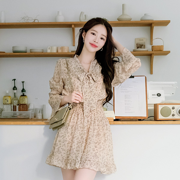 op8570 잔꽃 패턴 포인트 스모크 밴딩 쉬폰 원피스 dress
