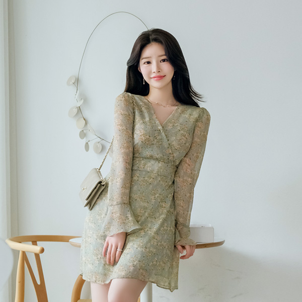 op8597 하늘하늘한 실루엣의 플라워 패턴 랩디자인 쉬폰 원피스 dress