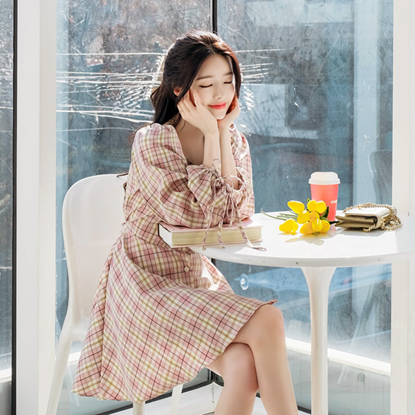 op8601 비타민같이 상큼한 컬러배색의 체크패턴 플레어원피스 dress