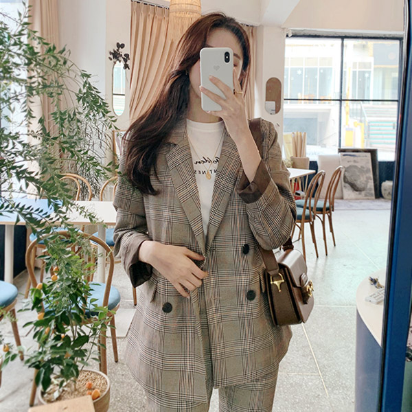 jk1127 세련된 무드를 선사하는 글렌 체크 패턴의 더블버튼 자켓 jacket