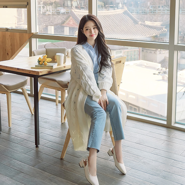 cd1291 여리함을 플러스 시켜 줄 스카시패턴의 롱 숄가디건 cardigan