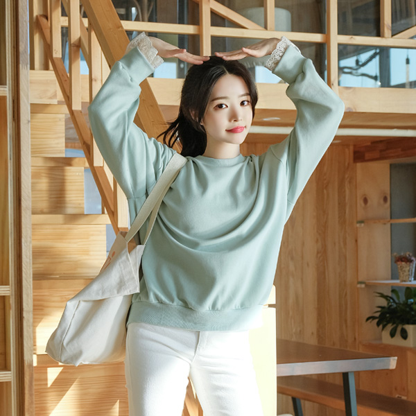 ts1924 러블리한 소매 레이스 포인트 베이직 파스텔 맨투맨 tee
