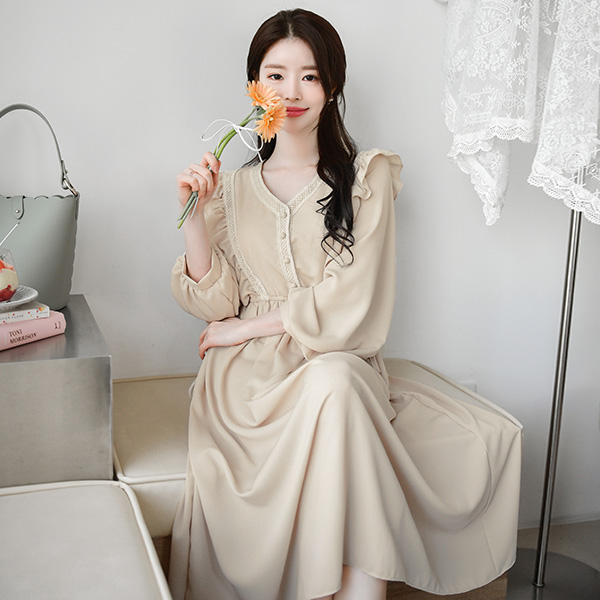 op8587 소녀감성을 담은 프릴과 레이스 디테일의 리본 밴딩 롱 원피스 dress