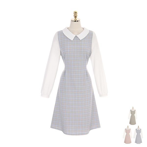 op8618 귀여운 무드를 연출하는 체크패턴의 배색카라 롱 원피스 dress