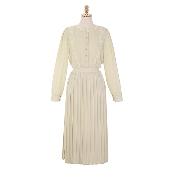 op8619 퓨어한 레이스 디자인의 플리츠 밴딩 롱 플레어 쉬폰 원피스 dress