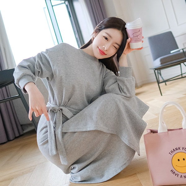 op8637 라운드 맨투맨과 랩 롱 스커트 구성의 데일리 투피스 세트 two piece set