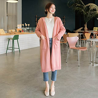 후드디자인과 포켓장식으로 캐쥬얼하게 즐기기 좋은 오픈디자인의 루즈핏 니트롱가디건 cardigan 벚꽃룩