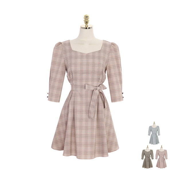 op8664 체크패턴과 하트넥으로 러블리한 실루엣을 선사하는 스트랩 구성의 미니 원피스 dress