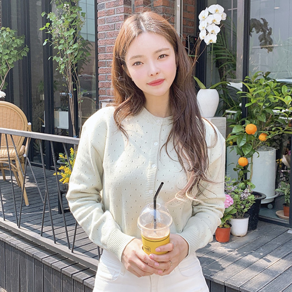cd1298 귀여운 뽕뽕 구멍 패턴이 더해진 파스텔 톤 구성의 가디건 cardigan