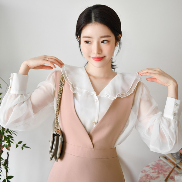 bs4965 귀여운 프릴 세일러 카라와 부드러운 쉬폰소재의 시스루 블라우스 blouse