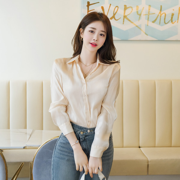 bs4973 고급스러운 광택감이 흐르는 시스루 새틴 셔츠 블라우스 blouse