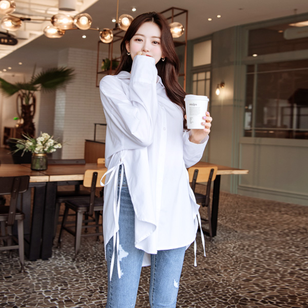 bs4977 트렌디하게 즐기기좋은 옆트임 리본장식의 바스락 코튼 롱블라우스 blouse
