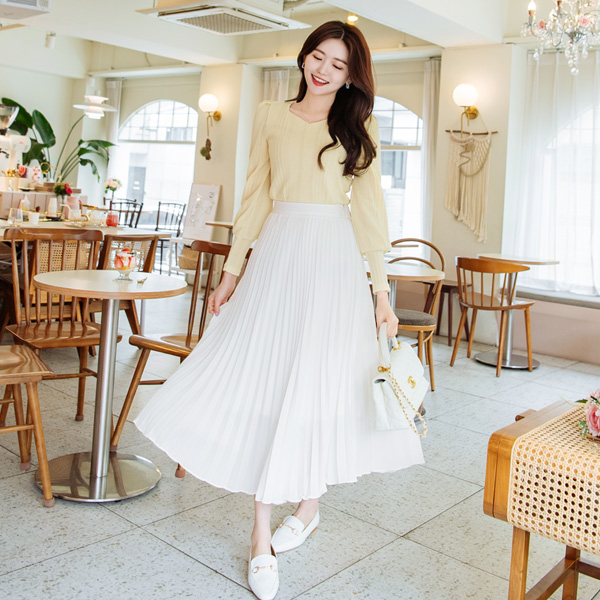 sk4004 드레시한 실루엣을 선사하는 허리 밴딩 플리츠 롱 스커트 skirt