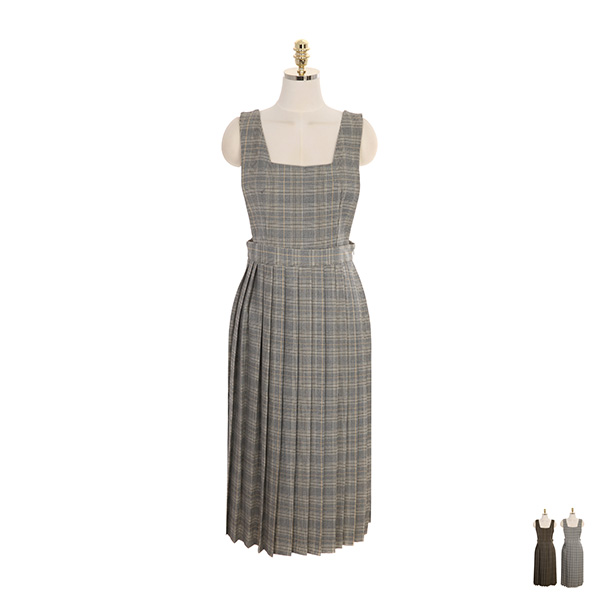 op8694 아기자기한 체크 패턴으로 귀여운 무드의 서스펜더 플리츠 롱 원피스 dress