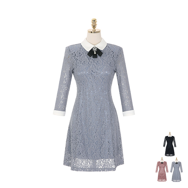 op8711 로맨틱한 플라워 레이스 패턴과 고급스러운 진주 브로치 구성의 배색 카라 미디 원피스 dress