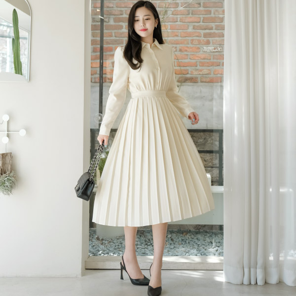 op8700 로맨틱 플리츠 디자인의 허리 뒷밴딩 셔츠 롱 원피스 dress