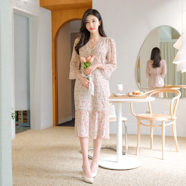 op8724 여리여리한 요루소재의 청순한 잔꽃프린팅 머메이드 롱원피스 dress
