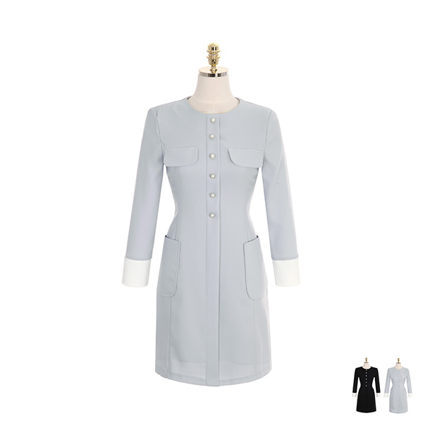 op8733 진주 버튼과 포켓 디자인으로 여성스러움을 돋보일 소매 배색 미디원피스 dress