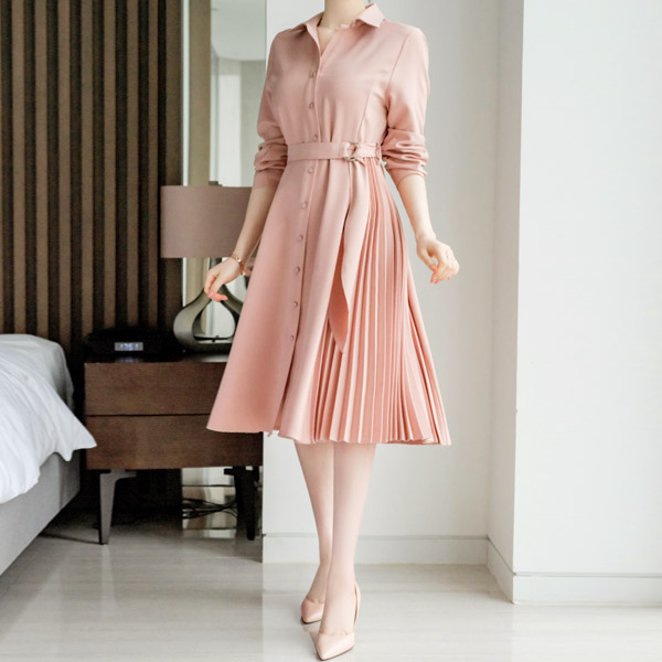 op8707 언발 플리츠 디테일이 돋보이는 하이퀄리티 벨티드 셔츠 롱 원피스 dress