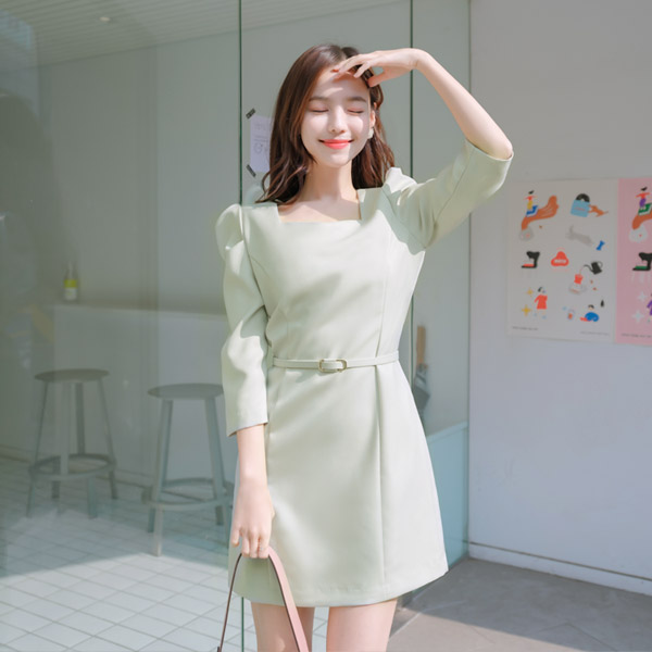 op8743 예쁜 실루엣을 표현해주는 하트넥라인 벨트세트 7부소매 원피스 dress