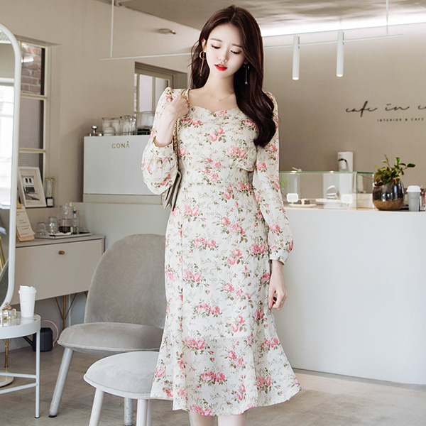 op8746 은은한 빈티지 로즈 패턴으로 로맨틱하게 완성된 하트넥 머메이드 요루쉬폰 롱원피스 dress