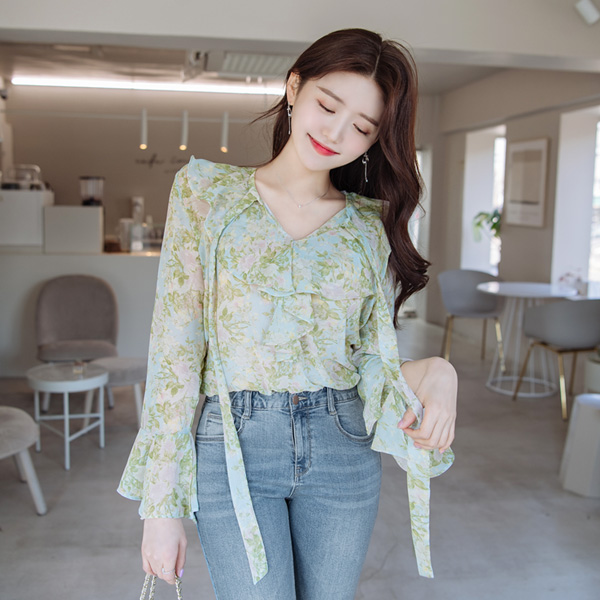 bs4996 여리여리 청순미 가득한 파스텔 플라워 패턴의 프릴 리본 블라우스 blouse