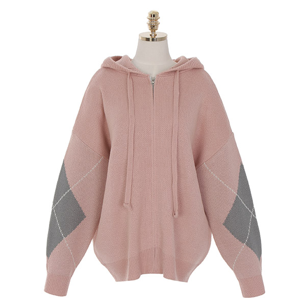 cd1315 포근하게 나를 감싸주는 아가일 패턴 루즈핏 니트 후드 집업 cardigan