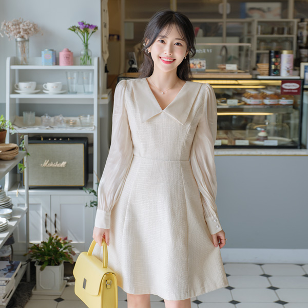 op8769 반짝이는 새틴소재 배색포인트의 A라인 트위드 카라원피스 dress