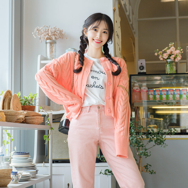 cd1316 마카롱처럼 달콤한 7가지 컬러의 꽈배기패턴 라운드넥 베이직 니트가디건 cardigan