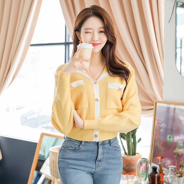 cd1318 심쿵 러블리 프레피룩을 선물해줄 골드버튼 배색디자인의 카라V넥 니트가디건 cardigan