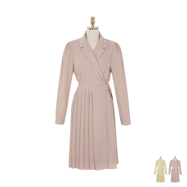 op8767 플리츠 디테일로 포인트를 준 테일러드 카라 벨트 랩 원피스 dress