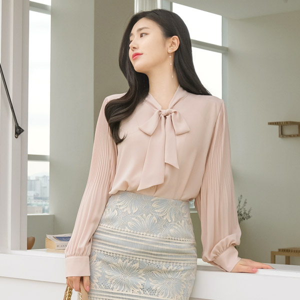 bs5005 여리여리한 플리츠 소매 디자인의 리본 타이 쉬폰 블라우스 blouse