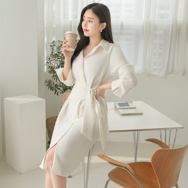 op8778 꼬임 벨트 디자인으로 더욱 세련된 루즈핏 셔츠 롱 원피스 dress