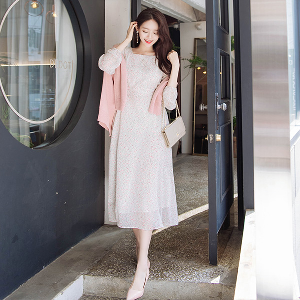 op8784 사랑스러운 잔꽃패턴과 스퀘어넥라인이 돋보이는 로맨틱 뒷리본 쉬폰 롱원피스 dress