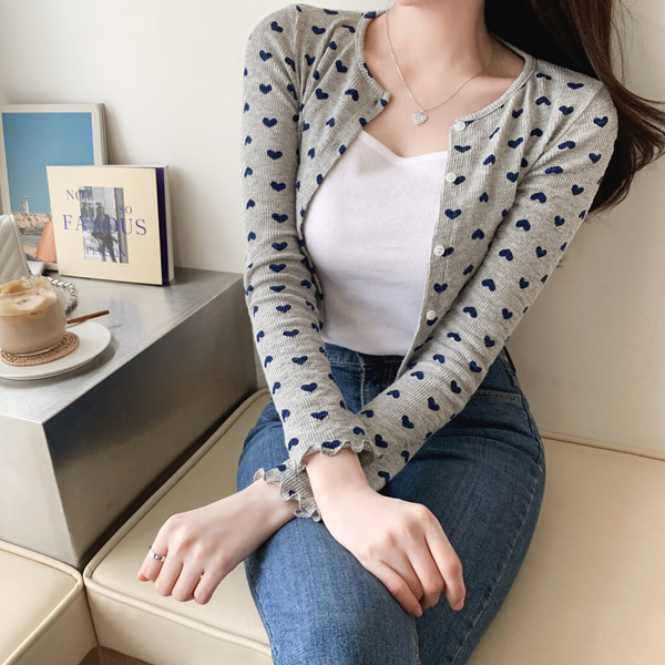 cd1322 키치하고 사랑스러운 하트프린팅의 물결마감 미니 크롭가디건 cardigan