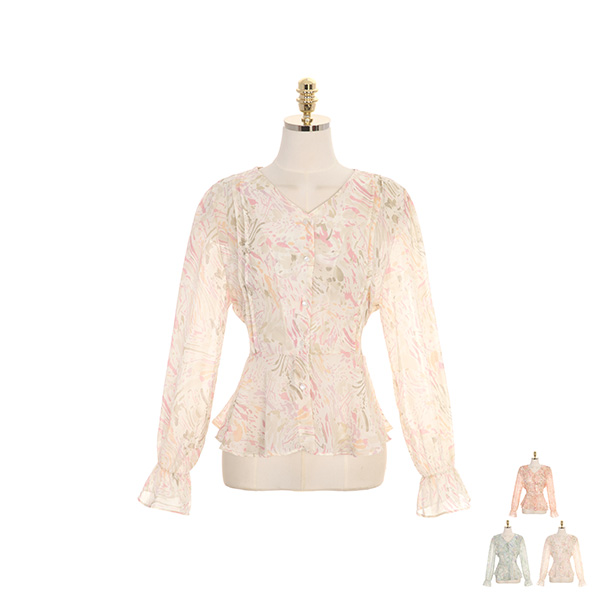 bs5017 은은한 추상 패턴으로 완성된 허리 스트랩 핀턱 블라우스 blouse