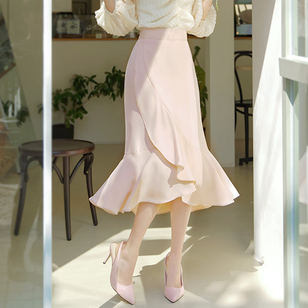 sk4034 여신실루엣의 실크패브릭 프릴디테일 백밴딩 롱 랩스커트 skirt