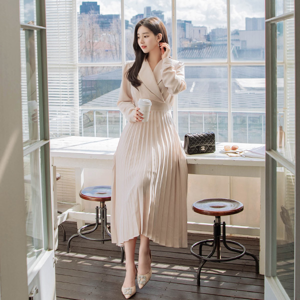 op8829 여성스럽고 우아한 숄카라 디자인의 플리츠 주름 롱 원피스 dress