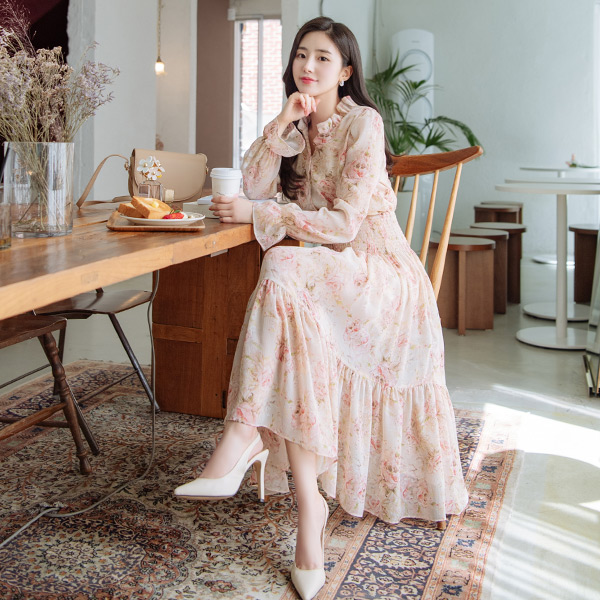 op8828 스모크밴딩으로 날씬해보이는 플라워 쉬폰 롱원피스 dress