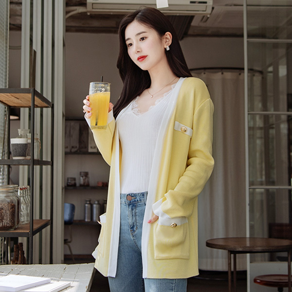 cd1332 금장 단추 디테일과 배색 디자인으로 세련된 니트 숄 가디건 cardigan