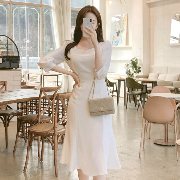 op8822 살랑살랑 청순하고 우아한 실루엣의 하트넥 7부소매 여신머메이드 원피스 dress