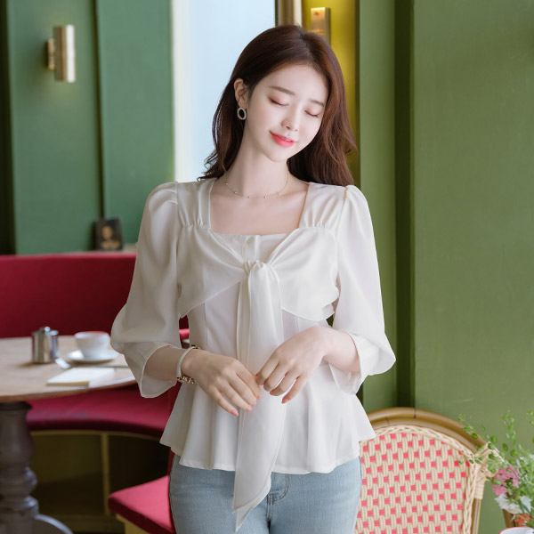 bs5024 전면 랩 리본 장식의 페플럼 실루엣 블라우스 blouse