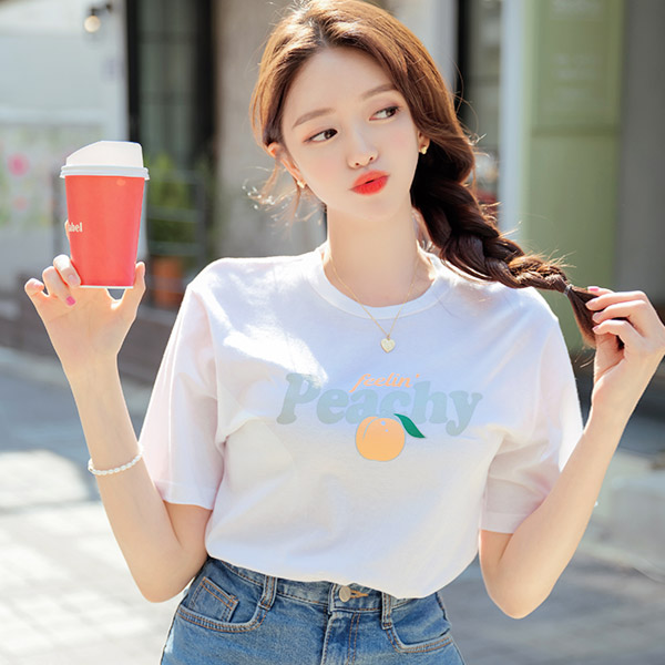 ts1986 피치 레터링으로 귀염뽀짝한 라운드넥 데일리 반팔티셔츠 tee