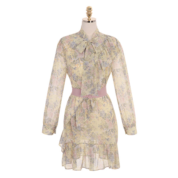 op8844 플라워 패턴과 프릴 디테일로 로맨틱하게 완성된 벨트 미니 원피스 dress