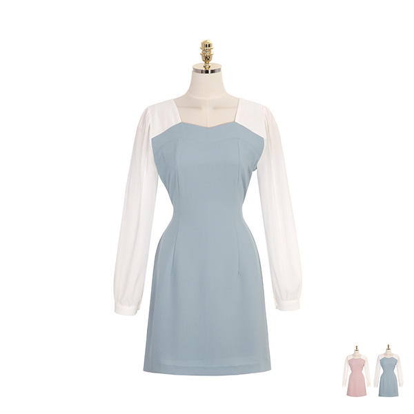op8862 하트넥 뷔스티에를 함께 매치한 듯 배색라인이 돋보이는 뒷리본 플레어 원피스 dress