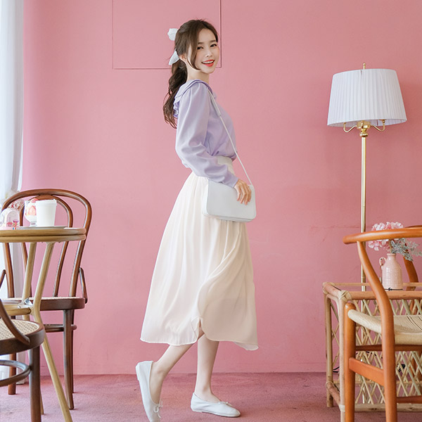 sk4053 핀턱디자인으로 내추럴한 볼륨감이 느껴지는 드레스업 쉬폰 미디롱스커트 skirt