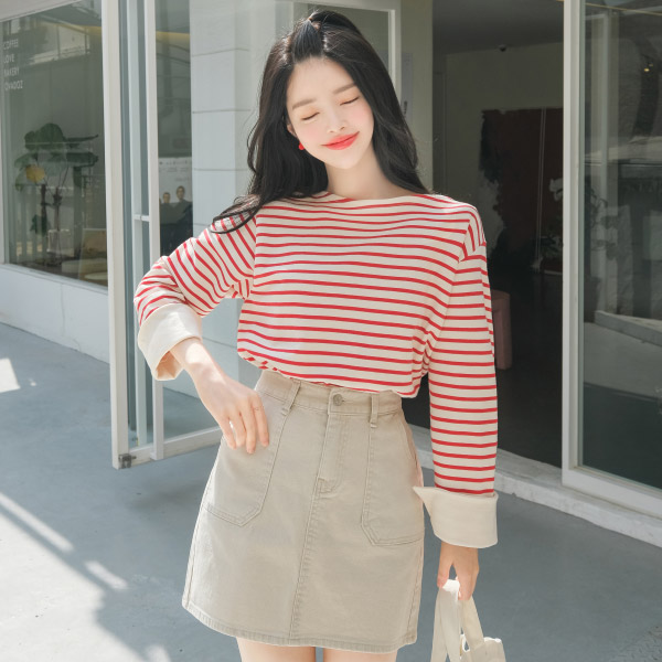 ts2000 소매커프스 디테일 포인트 보트넥 스트라이프 티셔츠 tee