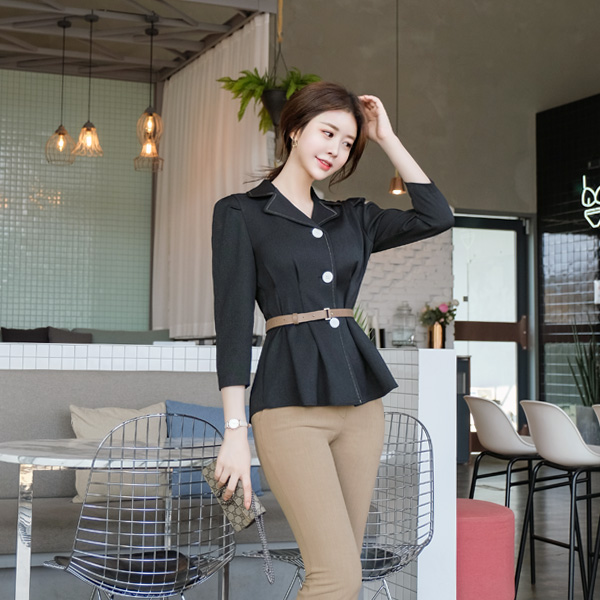 bs5064 자켓 디자인의 벨트 세트 핀턱 카라 블라우스 blouse